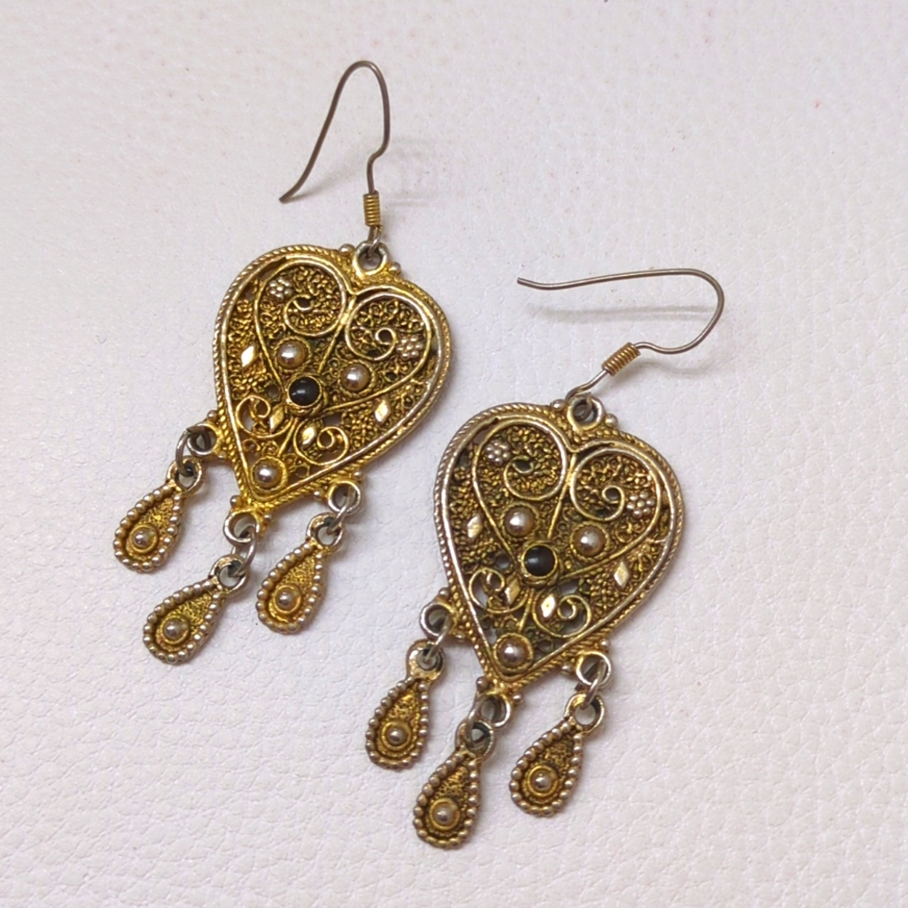 Vintage Style Gold Heart Dangle Earrings